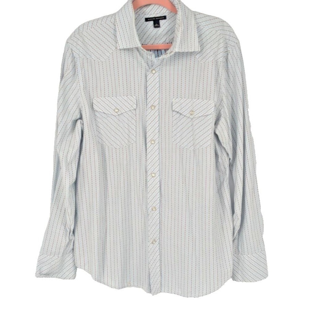 BANANA REPUBLIC Western Vintage Shirt LARGE Cotton White Blue Silver Pearl Snaps